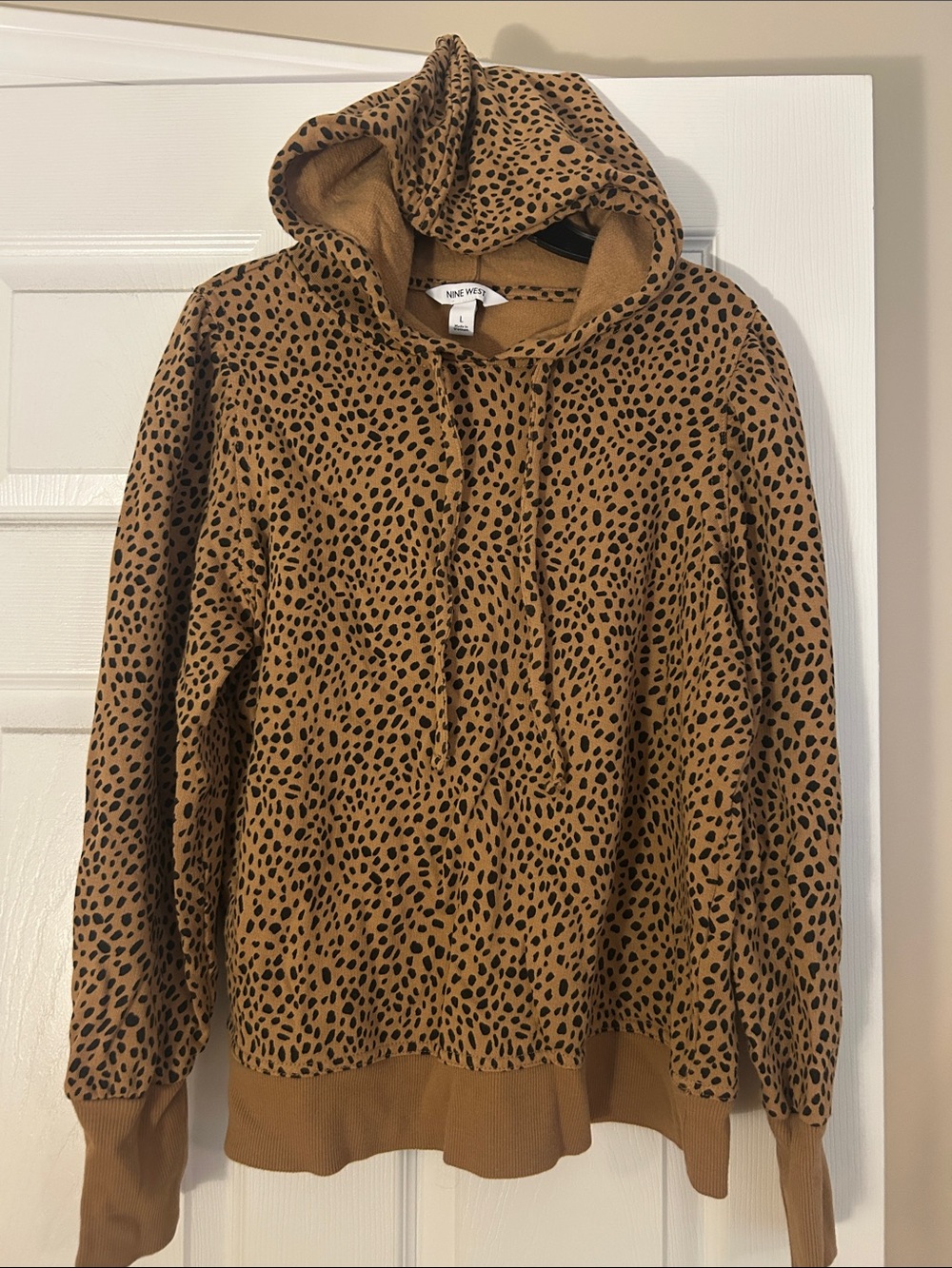 Nine West Tan Leopard-Print Hooded Teddy Jacket